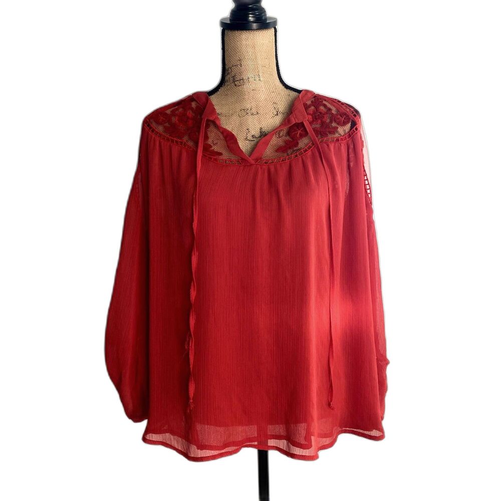 PinkBlush Peasant Blouse Red Mesh‎ Lace Applique Semisheer Romantic Size Medium